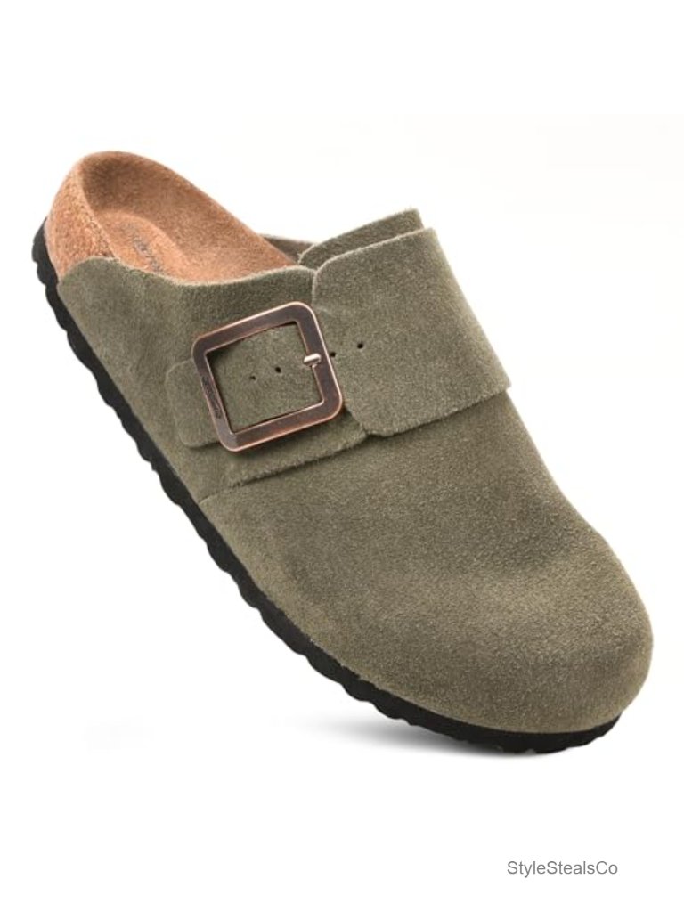 Genuine Leather Mules With Arch Support Memory Foam Cork Footbed Adjustable